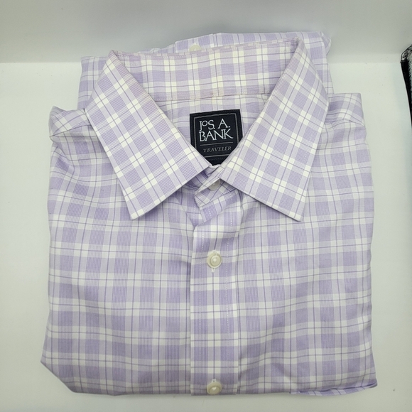 Jos A Bank Traveler Mens Shirt Slim Fit 15.5 34 Med Traditional Fit Purple Plaid - Picture 8 of 8